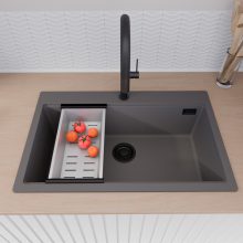 HD Infinity Antracit 78 egymedencés gránit mosogatótálca szett, vágódeszkával, matt fekete csepegtetőráccsal és krómozott kosárral, matt antracit színben, matt fekete leeresztő szifonnal