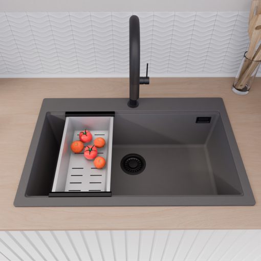 HD Infinity Antracit 78 egymedencés gránit mosogatótálca szett, vágódeszkával, matt fekete csepegtetőráccsal és krómozott kosárral, matt antracit színben, matt fekete leeresztő szifonnal