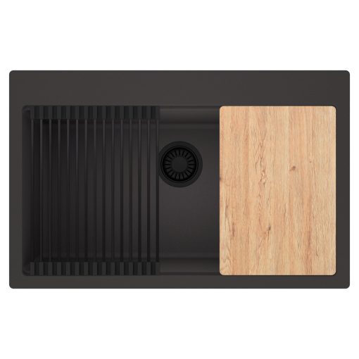 HD Infinity Antracit 78 egymedencés gránit mosogatótálca szett, vágódeszkával, matt fekete csepegtetőráccsal, matt antracit színben, matt fekete leeresztő szifonnal