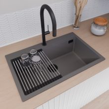 HD Infinity Antracit 78 egymedencés gránit mosogatótálca szett, vágódeszkával, acél csepegtetőráccsal és matt fekete kosárral, matt antracit színben, matt fekete leeresztő szifonnal