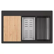 HD Infinity Antracit 78 egymedencés gránit mosogatótálca szett, vágódeszkával, acél csepegtetőráccsal és kosárral, matt antracit színben, matt fekete leeresztő szifonnal