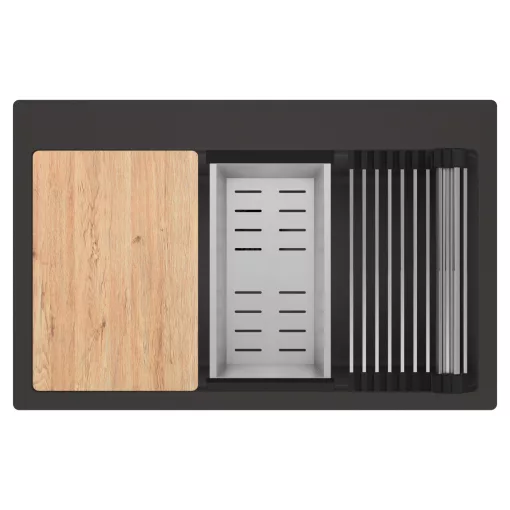 HD Infinity Antracit 78 egymedencés gránit mosogatótálca szett, vágódeszkával, acél csepegtetőráccsal és kosárral, matt antracit színben, matt fekete leeresztő szifonnal