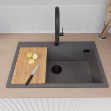 HD Infinity Antracit 78 egymedencés gránit mosogatótálca szett, vágódeszkával, acél csepegtetőráccsal és kosárral, matt antracit színben, matt fekete leeresztő szifonnal
