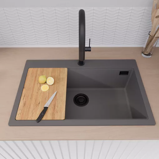 HD Infinity Antracit 78 egymedencés gránit mosogatótálca szett, vágódeszkával, acél csepegtetőráccsal és kosárral, matt antracit színben, matt fekete leeresztő szifonnal