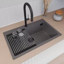 HD Infinity Antracit 78 egymedencés gránit mosogatótálca szett, vágódeszkával, acél csepegtetőráccsal és kosárral, matt antracit színben, matt fekete leeresztő szifonnal