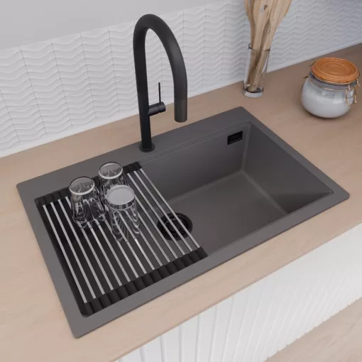 HD Infinity Antracit 78 egymedencés gránit mosogatótálca szett, vágódeszkával, acél csepegtetőráccsal és kosárral, matt antracit színben, matt fekete leeresztő szifonnal