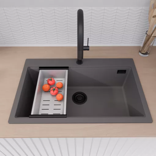 HD Infinity Antracit 78 egymedencés gránit mosogatótálca szett, vágódeszkával, acél csepegtetőráccsal és kosárral, matt antracit színben, matt fekete leeresztő szifonnal