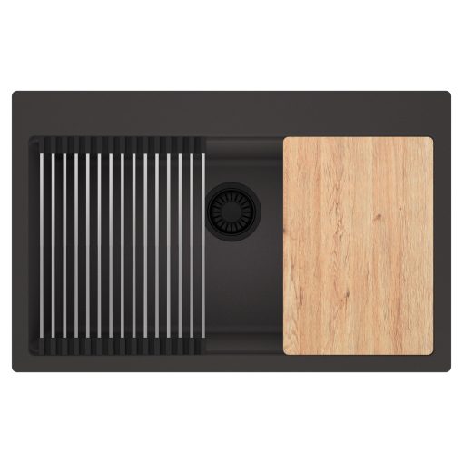 HD Infinity Antracit 78 egymedencés gránit mosogatótálca szett, vágódeszkával, acél csepegtetőráccsal, matt antracit színben, matt fekete leeresztő szifonnal