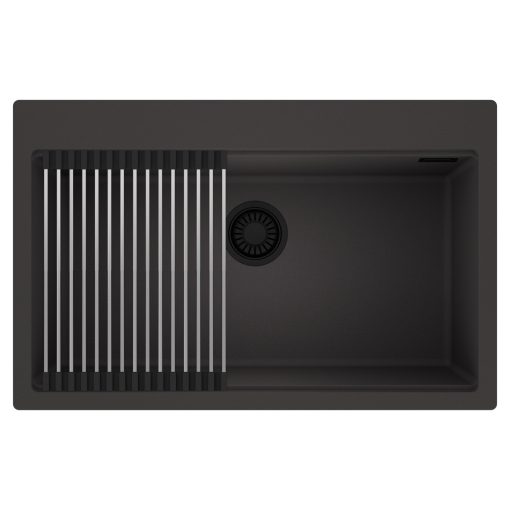 HD Infinity Antracit 78 egymedencés gránit mosogatótálca szett, acél csepegtetőráccsal, matt antracit színben, matt fekete leeresztő szifonnal