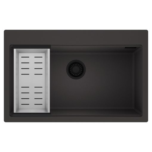 HD Infinity Antracit 78 egymedencés gránit mosogatótálca szett, acél csepegtetőkosárral, matt antracit színben, matt fekete leeresztő szifonnal