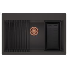 HD Infinity Antracit 78 egymedencés gránit mosogatótálca szett, matt fekete csepegtetőráccsal és kosárral, matt antracit színben, szálcsiszolt réz leeresztő szifonnal