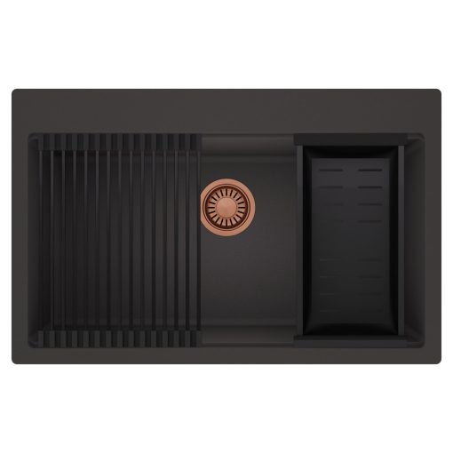 HD Infinity Antracit 78 egymedencés gránit mosogatótálca szett, matt fekete csepegtetőráccsal és kosárral, matt antracit színben, szálcsiszolt réz leeresztő szifonnal