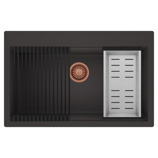 HD Infinity Antracit 78 egymedencés gránit mosogatótálca szett, matt fekete csepegtetőráccsal és krómozott kosárral, matt antracit színben, szálcsiszolt réz leeresztő szifonnal