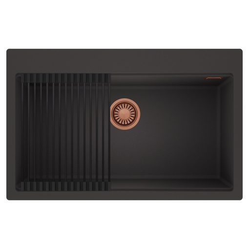 HD Infinity Antracit 78 egymedencés gránit mosogatótálca szett, matt fekete csepegtetőráccsal, matt antracit színben, szálcsiszolt réz leeresztő szifonnal
