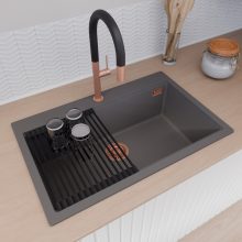 HD Infinity Antracit 78 egymedencés gránit mosogatótálca szett, matt fekete csepegtetőráccsal, matt antracit színben, szálcsiszolt réz leeresztő szifonnal