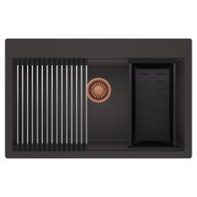 HD Infinity Antracit 78 egymedencés gránit mosogatótálca szett, acél csepegtetőráccsal és matt fekete kosárral, matt antracit színben, szálcsiszolt réz leeresztő szifonnal