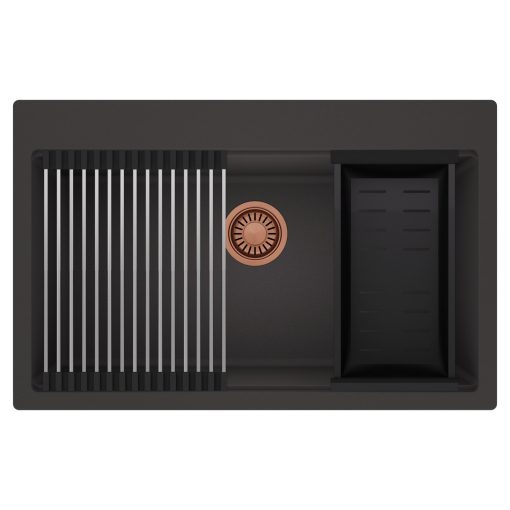 HD Infinity Antracit 78 egymedencés gránit mosogatótálca szett, acél csepegtetőráccsal és matt fekete kosárral, matt antracit színben, szálcsiszolt réz leeresztő szifonnal