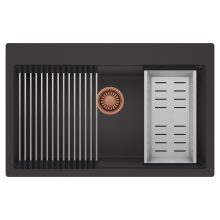 HD Infinity Antracit 78 egymedencés gránit mosogatótálca szett, acél csepegtetőráccsal és kosárral, matt antracit színben, szálcsiszolt réz leeresztő szifonnal