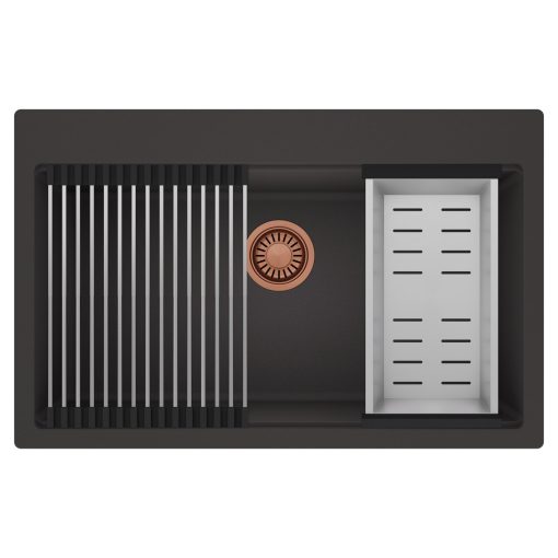 HD Infinity Antracit 78 egymedencés gránit mosogatótálca szett, acél csepegtetőráccsal és kosárral, matt antracit színben, szálcsiszolt réz leeresztő szifonnal