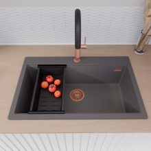 HD Infinity Antracit 78 egymedencés gránit mosogatótálca szett, vágódeszkával, matt fekete csepegtetőráccsal és kosárral, matt antracit színben, szálcsiszolt réz leeresztő szifonnal