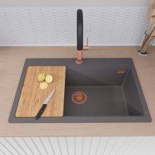 HD Infinity Antracit 78 egymedencés gránit mosogatótálca szett, vágódeszkával, matt fekete csepegtetőráccsal és krómozott kosárral, matt antracit színben, szálcsiszolt réz leeresztő szifonnal