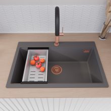 HD Infinity Antracit 78 egymedencés gránit mosogatótálca szett, vágódeszkával, matt fekete csepegtetőráccsal és krómozott kosárral, matt antracit színben, szálcsiszolt réz leeresztő szifonnal