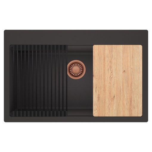 HD Infinity Antracit 78 egymedencés gránit mosogatótálca szett, vágódeszkával, matt fekete csepegtetőráccsal, matt antracit színben, szálcsiszolt réz leeresztő szifonnal