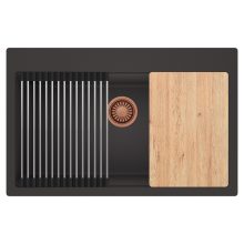 HD Infinity Antracit 78 egymedencés gránit mosogatótálca szett, vágódeszkával, acél csepegtetőráccsal, matt antracit színben, szálcsiszolt réz leeresztő szifonnal