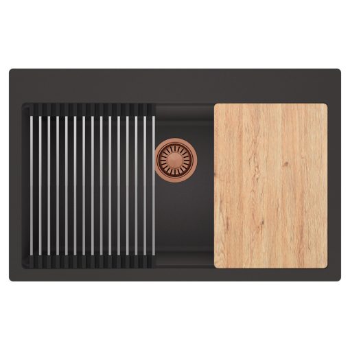 HD Infinity Antracit 78 egymedencés gránit mosogatótálca szett, vágódeszkával, acél csepegtetőráccsal, matt antracit színben, szálcsiszolt réz leeresztő szifonnal