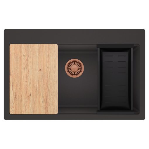 HD Infinity Antracit 78 egymedencés gránit mosogatótálca szett, vágódeszkával, matt fekete csepegtetőkosárral, matt antracit színben, szálcsiszolt réz leeresztő szifonnal