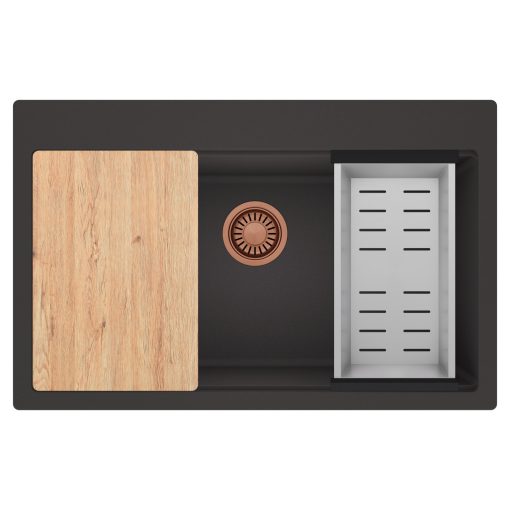 HD Infinity Antracit 78 egymedencés gránit mosogatótálca szett, vágódeszkával, acél csepegtetőkosárral, matt antracit színben, szálcsiszolt réz leeresztő szifonnal