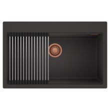 HD Infinity Antracit 78 egymedencés gránit mosogatótálca szett, acél csepegtetőráccsal, matt antracit színben, szálcsiszolt réz leeresztő szifonnal