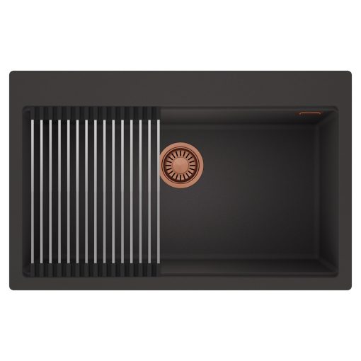 HD Infinity Antracit 78 egymedencés gránit mosogatótálca szett, acél csepegtetőráccsal, matt antracit színben, szálcsiszolt réz leeresztő szifonnal