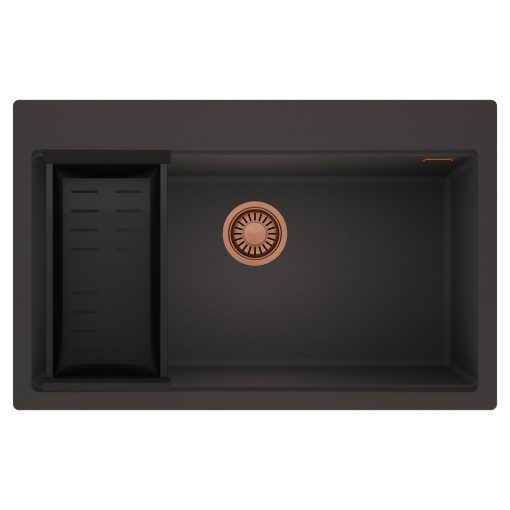 HD Infinity Antracit 78 egymedencés gránit mosogatótálca szett, matt fekete csepegtetőkosárral, matt antracit színben, szálcsiszolt réz leeresztő szifonnal