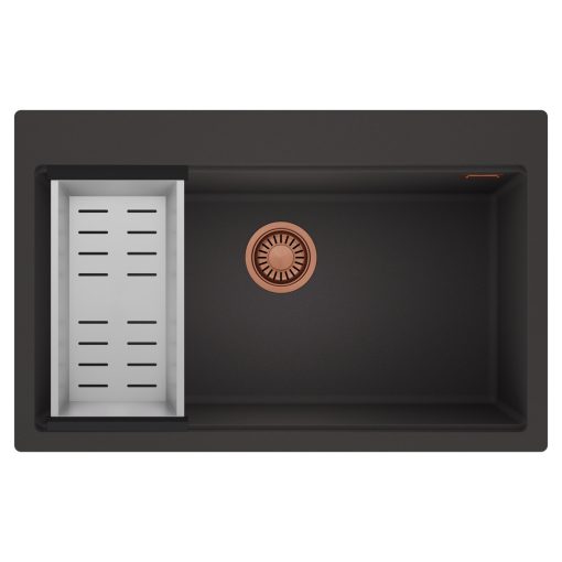 HD Infinity Antracit 78 egymedencés gránit mosogatótálca szett, acél csepegtetőkosárral, matt antracit színben, szálcsiszolt réz leeresztő szifonnal