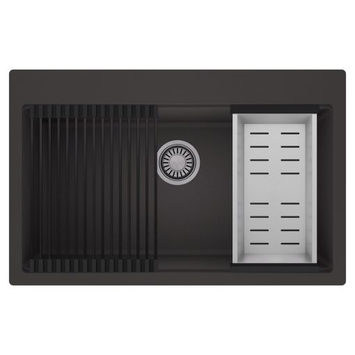 HD Infinity Antracit 78 egymedencés gránit mosogatótálca szett, matt fekete csepegtetőráccsal és krómozott kosárral, matt antracit színben