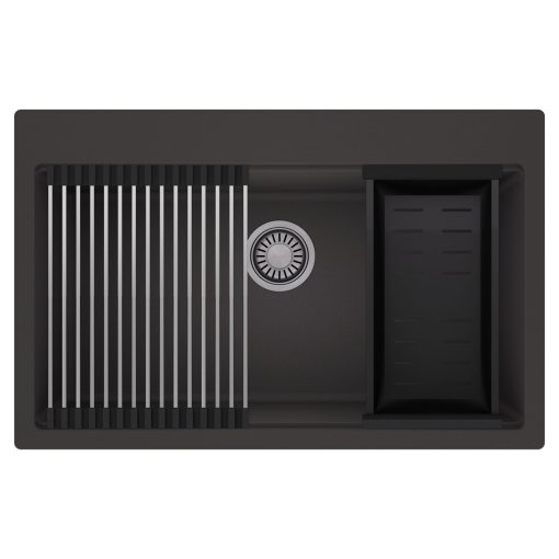 HD Infinity Antracit 78 egymedencés gránit mosogatótálca szett, acél csepegtetőráccsal és matt fekete kosárral, matt antracit színben