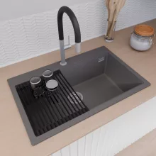 HD Infinity Antracit 78 egymedencés gránit mosogatótálca szett, vágódeszkával, matt fekete csepegtetőráccsal és kosárral, matt antracit színben