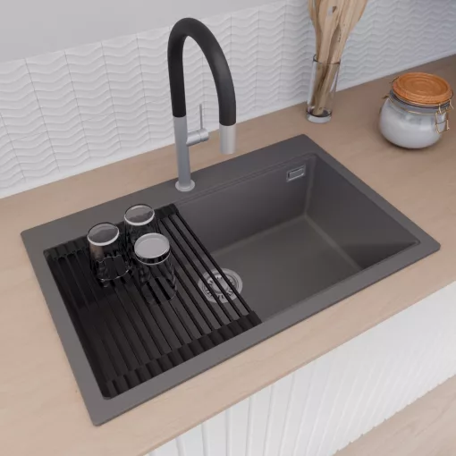 HD Infinity Antracit 78 egymedencés gránit mosogatótálca szett, vágódeszkával, matt fekete csepegtetőráccsal és kosárral, matt antracit színben