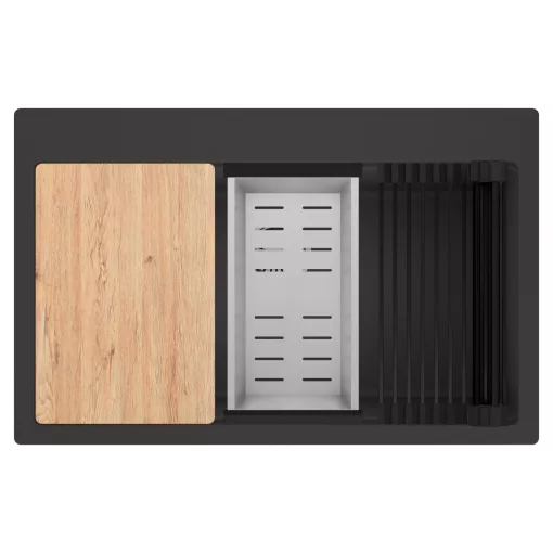 HD Infinity Antracit 78 egymedencés gránit mosogatótálca szett, vágódeszkával, matt fekete csepegtetőráccsal és krómozott kosárral, matt antracit színben