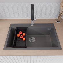 HD Infinity Antracit 78 egymedencés gránit mosogatótálca szett, vágódeszkával, acél csepegtetőráccsal és matt fekete kosárral, matt antracit színben