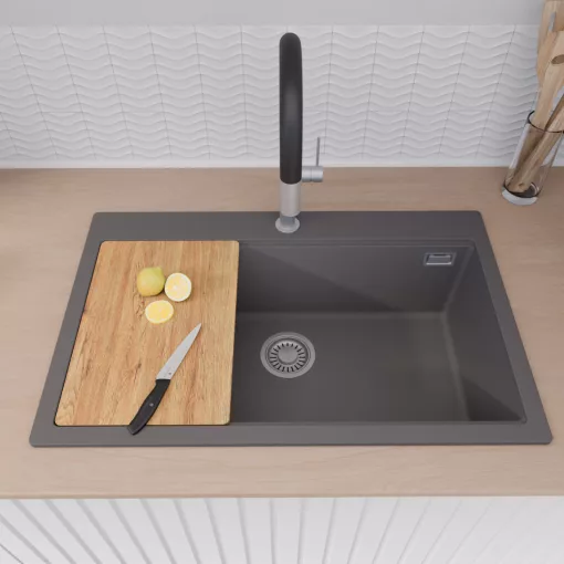 HD Infinity Antracit 78 egymedencés gránit mosogatótálca szett, vágódeszkával, acél csepegtetőráccsal, matt antracit színben