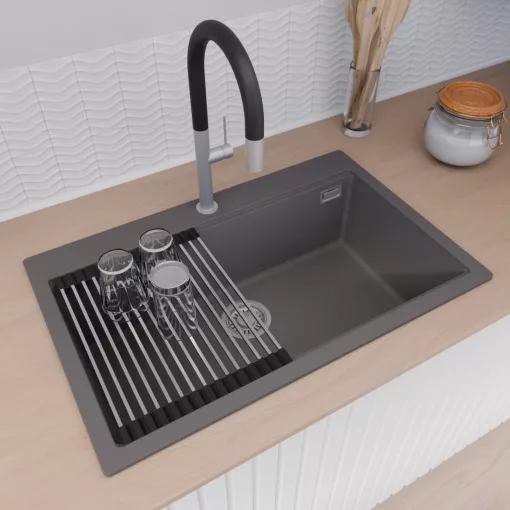 HD Infinity Antracit 78 egymedencés gránit mosogatótálca szett, vágódeszkával, acél csepegtetőráccsal, matt antracit színben