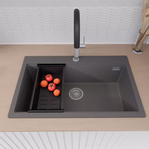 HD Infinity Antracit 78 egymedencés gránit mosogatótálca szett, vágódeszkával, matt fekete csepegtetőkosárral, matt antracit színben
