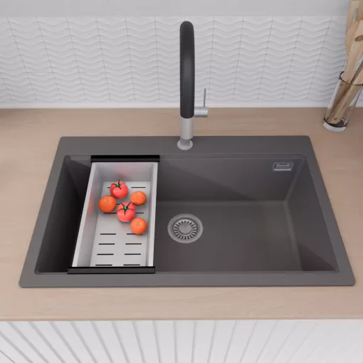 HD Infinity Antracit 78 egymedencés gránit mosogatótálca szett, vágódeszkával, acél csepegtetőkosárral, matt antracit színben