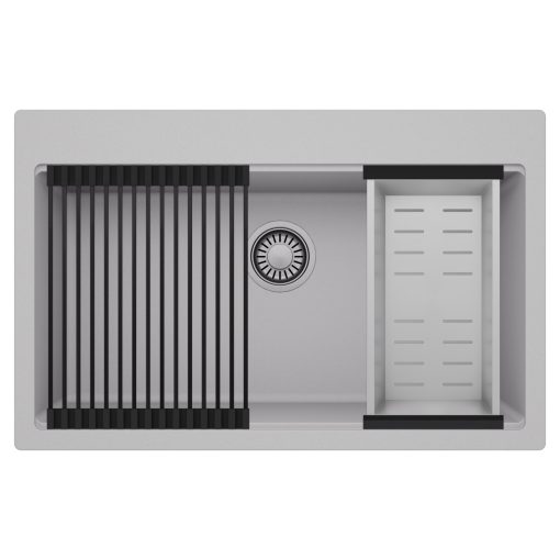 HD Infinity Grey 78 egymedencés gránit mosogatótálca szett, matt fekete csepegtetőráccsal és krómozott kosárral, alpesi szürke színben, szálcsiszolt króm leeresztő szifonnal
