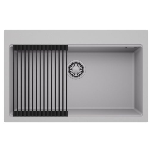 HD Infinity Grey 78 egymedencés gránit mosogatótálca szett, matt fekete csepegtetőráccsal, alpesi szürke színben, szálcsiszolt króm leeresztő szifonnal