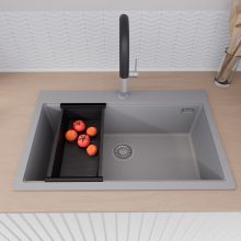 HD Infinity Grey 78 egymedencés gránit mosogatótálca szett, acél csepegtetőráccsal és matt fekete kosárral, alpesi szürke színben, szálcsiszolt króm leeresztő szifonnal