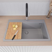 HD Infinity Grey 78 egymedencés gránit mosogatótálca szett, vágódeszkával, matt fekete csepegtetőráccsal és kosárral, alpesi szürke színben, szálcsiszolt króm leeresztő szifonnal