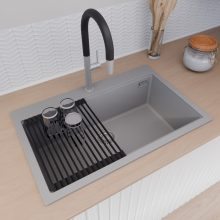 HD Infinity Grey 78 egymedencés gránit mosogatótálca szett, vágódeszkával, matt fekete csepegtetőráccsal és kosárral, alpesi szürke színben, szálcsiszolt króm leeresztő szifonnal